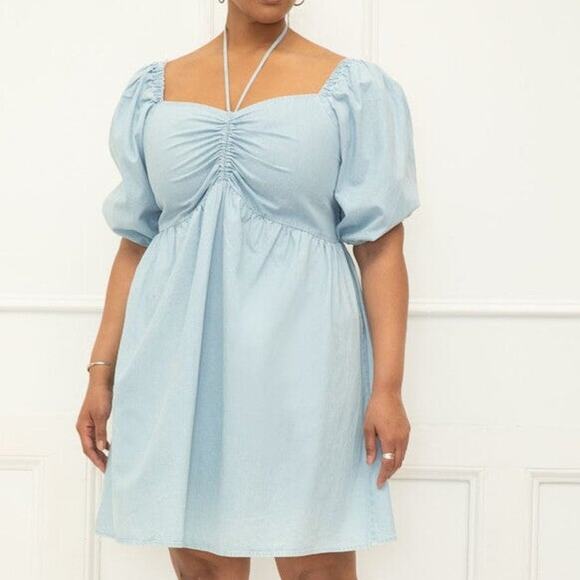Eloquii Elements Blue Chambray Denim Puff Sleeve Tie Neck Mini Dress Size 16 - Picture 1 of 9